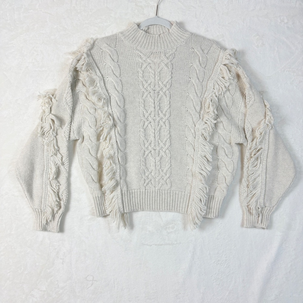 Leith Sweater Women Sz Med Fringe Cable Knit Mock Neck Beige Oatmeal Heather NWT
